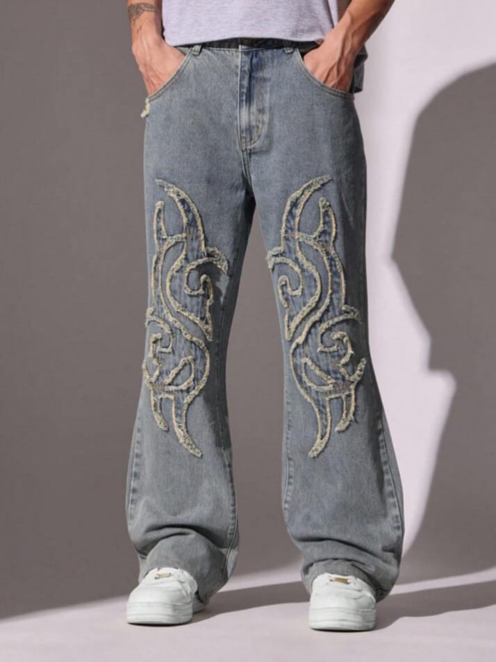 DEVIL-DENIM Men's Funky loose Flare Fit Jeans With Embroidered Self Fabric Patches Jeans